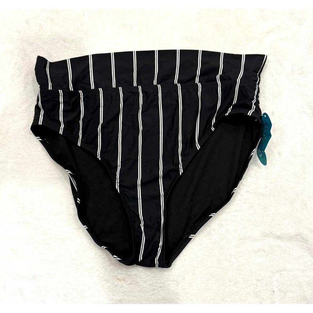 Mynah Womens High Rise Bikini Bottoms Black White Stripe Large NWT NG858Q